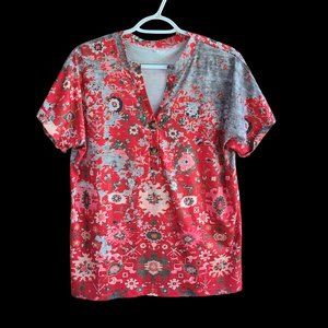 Womens Size M Top Blouse Popover Short Sleeves Red Floral Print